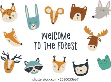 Funny forest animals set. Illustrations with animal heads including moose, hare, squirrel, fox and wolf. Stickers for planner vector set.