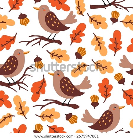 Funny forest birds on a tree branch with leaves on a white background. Seasonal autumn illustration for children. Fall cartoon seamless background in vector.