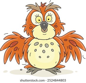 Funny forest brown owl with spread wings, vector cartoon illustration isolated on a white background