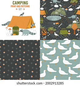 Funny forest camping set design. Print with tent, crow, raccoon, backpack. 3 seamless patterns with birds, mushrooms.  Forest landscape with mountains and lake. Hike background. Line art desotative
