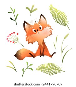 Lustiges Waldfuchs, neugieriges Tier. Illustrierter lustiger Charakter für Kinder. Fuchs Cartoon und Wald Natur Blätter und Gras Elemente. Isolierte Vektor-Clipart für Kinder im Aquarell-Stil.