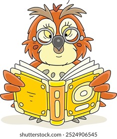 Búho forestal divertido con gafas que leen un viejo libro de cuento de hadas, ilustración de dibujos animados de Vector aislado en un fondo blanco
