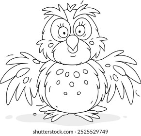 Funny forest owl with spread wings, black and white outline vector cartoon illustration for a coloring book