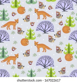 Funny Forest pattern with foxes and hedgehogs.  For fabric, wrapping paper, print and web projects.
