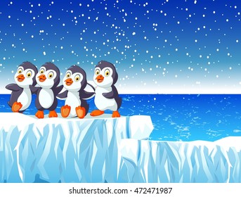 funny four penguin cartoon with snow mountain landscape background