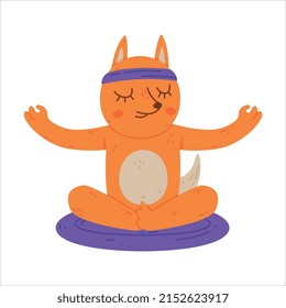 Funny Fox Animal on Yoga Mat Practicing Asana and Breathing Vector Illustration