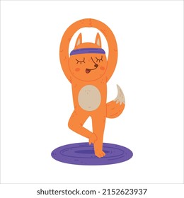 Funny Fox Animal on Yoga Mat Practicing Asana and Stretching Vector Illustration