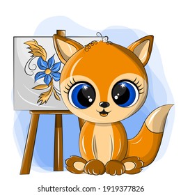 Funny fox artist with an easel on which a flower is drawn. The fox is made in kawaii style in orange and blue tones. The animal clip art sits and smiles cute.