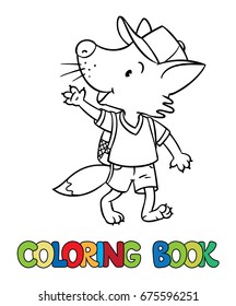 Funny fox with backpack. Coloring book
