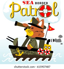 Funny fox with binocular on warship, vector cartoon illustration