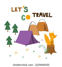 Funny fox and camp. Childish print with quote. Vector hand drawn illustration.