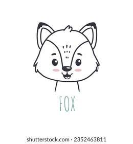 funny fox in cartoon style. Flat animal. Doodle illustration of fox head for cards, magazins, banners. Vector
