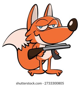 Funny fox cartoon vector character carrying a rifle. Ideal for stickers, logos, and mascots with a hunting season theme