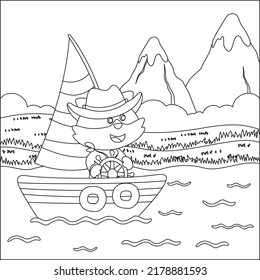 Funny fox cartoon vector on little boat with cartoon style, Trendy children graphic with Line Art Design Hand Drawing Sketch For Adult And Kids Coloring book or page
