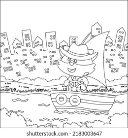 Gracioso vector de dibujos animados de zorro en un bote pequeño con estilo de dibujos animados, niños de moda gráfico con diseño de líneas de arte Dibujo a mano para adultos y niños Colorante libro o página