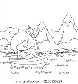 Funny fox cartoon vector on little boat with cartoon style, Trendy children graphic with Line Art Design Hand Drawing Sketch For Adult And Kids Coloring book or page