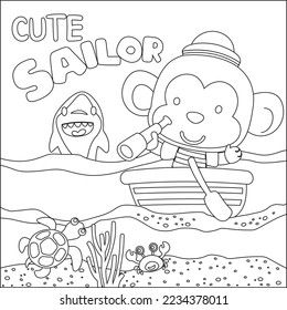 Funny fox cartoon vector on little boat with cartoon style, Trendy children graphic with Line Art Design Hand Drawing Sketch For Adult And Kids Coloring book or page