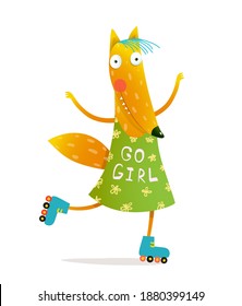Funny fox character for kids on roller skates, wearing dress with sign go girl. Cute animal doing roller skating sport cartoon for kids, watercolor style vector design for children.