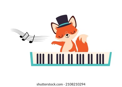 Funny Fox Character in Top Hat Playing Keyboard Performing Concert Vector Illustration