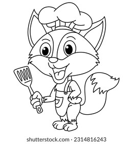 Graciosa ilustración vectorial de personajes de dibujos animados del chef zorro. Para los niños coloreando el libro.