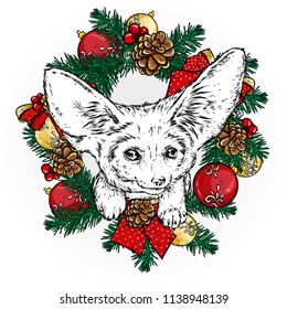 Funny fox with a Christmas wreath. Vector illustration for a postcard or a poster, print for clothes. Hipster. Christmas and New Year.
