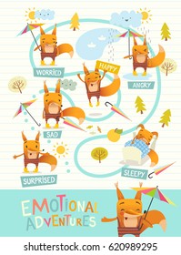 Funny fox with colorful umbrella expressing different emotions. Cartoon character's facial expressions. Emotional intelligence development concept. Vector illustration for banner, poster, website.