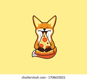 The funny fox eats pizza, logo. Smile cartoon character, food logotype, badge, sticker, emblem on beige background. Vector illustration, flat, line art style, creative design
