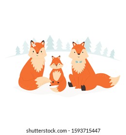 Funny fox family sitting in a forest. Vector illustration of smiling animals.