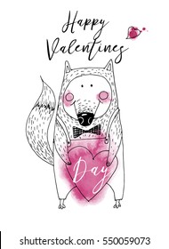 Funny fox. Happy valentine's day. Hand drawing vector sketshes.