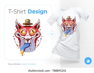 Funny fox in hat. Prints on T-shirts, sweatshirts, cases for mobile phones, souvenirs. Isolated vector illustration on white background.