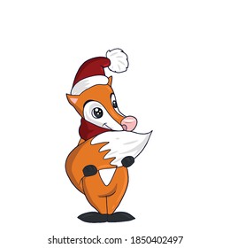 Funny Fox in a hat and red scarf holding his tail. Vector children's sticker design on white isolated background.