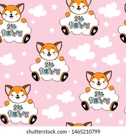 Funny fox holds a cloud with the inscription big dreams on a pink background seamless pattern