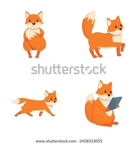 Funny fox icons set cartoon vector. Cute wild animal red fox. Cartoon character
