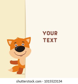 Funny fox looks out from behind field for your text. Template for card, invitation or greeting.