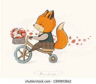 Funny fox on a bicycle with a hare in a basket and spring flowers. Good mood. Children's illustration