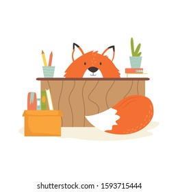 Funny fox pupil sitting at the table. Education concept. Vector illustration of cute animal character