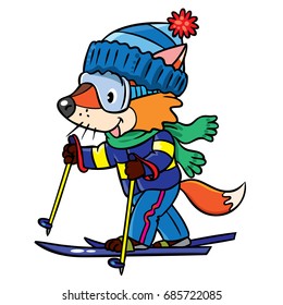 Funny fox rides on skis.