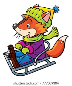 Funny fox rides on sleigh or sled