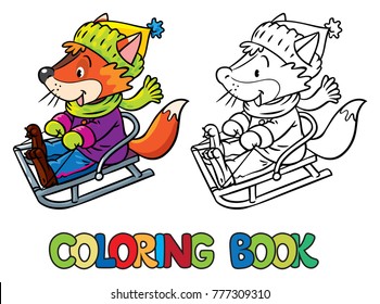 Funny fox rides on sleigh or sled. Coloring book