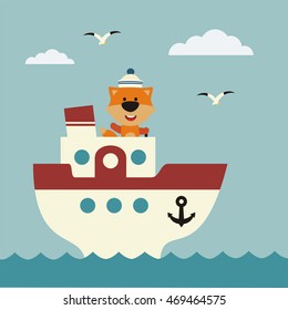 Funny fox sailor on bridge of ship. Icon sea travel. 