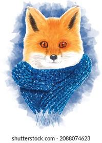 Funny fox in a scarf. New year background. Vector illustration. Christmas card.