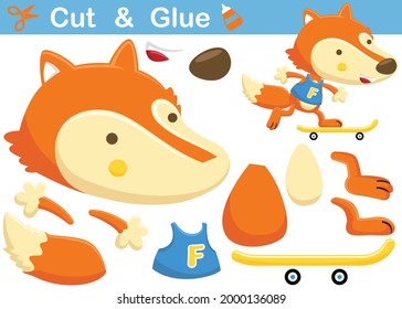 Funny fox skateboarding. Education paper game for children. Cutout and gluing. Vector cartoon illustration