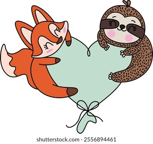 Funny fox and sloth flying on top of heart shaped balloon
