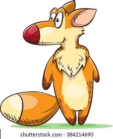 funny fox standing on hind legs, vector cartoon illustration, isolated on white