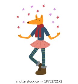 A funny fox in a sweater, scarf, skirt, tights and boots is dancing. The fox has a long muzzle and long legs. Stars fly over the fox. Color picture, vector.