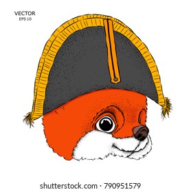 Funny fox in traditional French headdress. Cap of Napoleon. Vector illustration