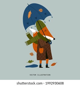 Funny fox with umbrella Isolated on white background. Modern fall seasonal decor. Children's  vector illustration.