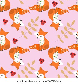 Funny Fox Vector Seamless Pattern with leaf on pink background 