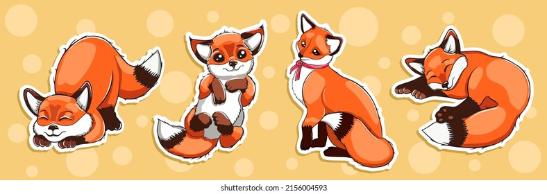 Divertidas pegatinas portadoras de zorro. Animales de bosque de dibujos animados