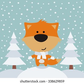 Funny fox in winter on background trees, the snow is falling